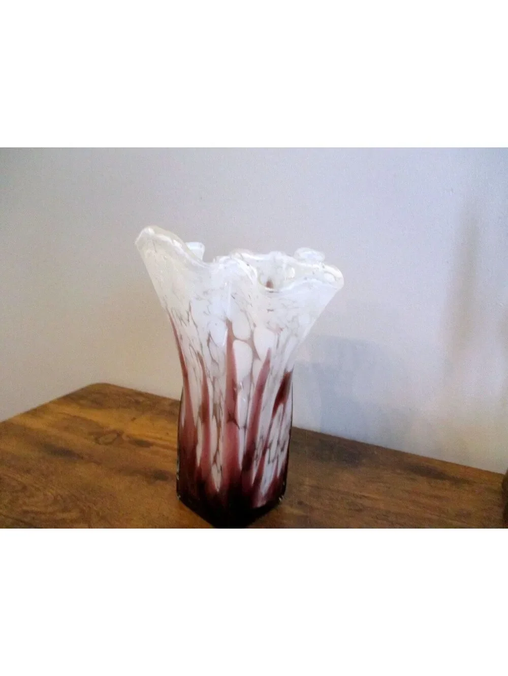 MCM Purple & White Mottled Handblown Glass Vase - Ruffled Handkerchief Top